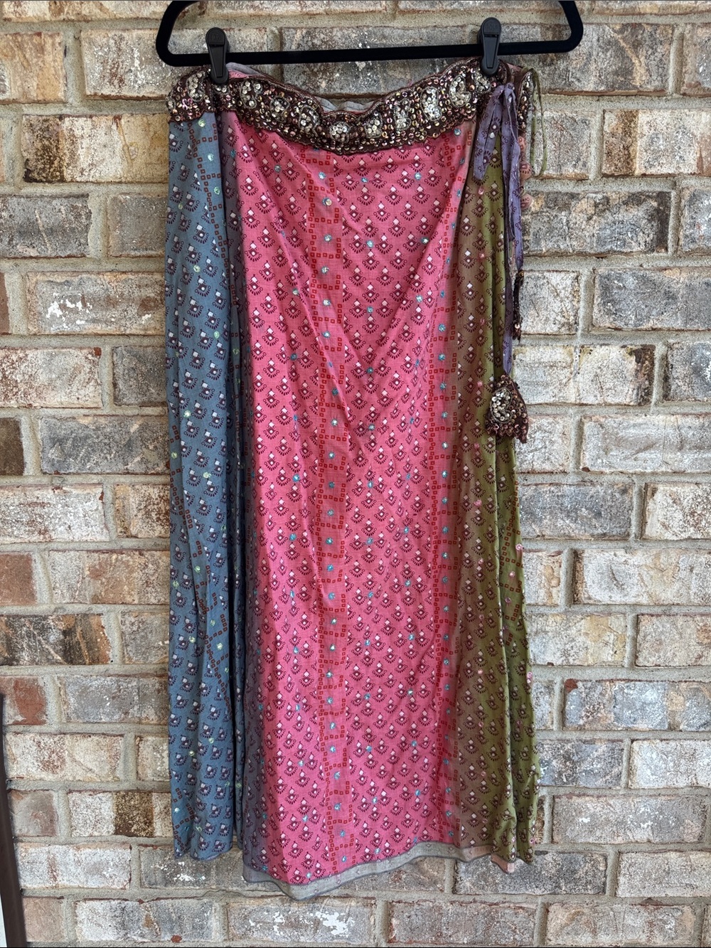 Vintage Younique Multi-Panel Embellished Wrap Maxi Dress in Pink, Blue, Olive